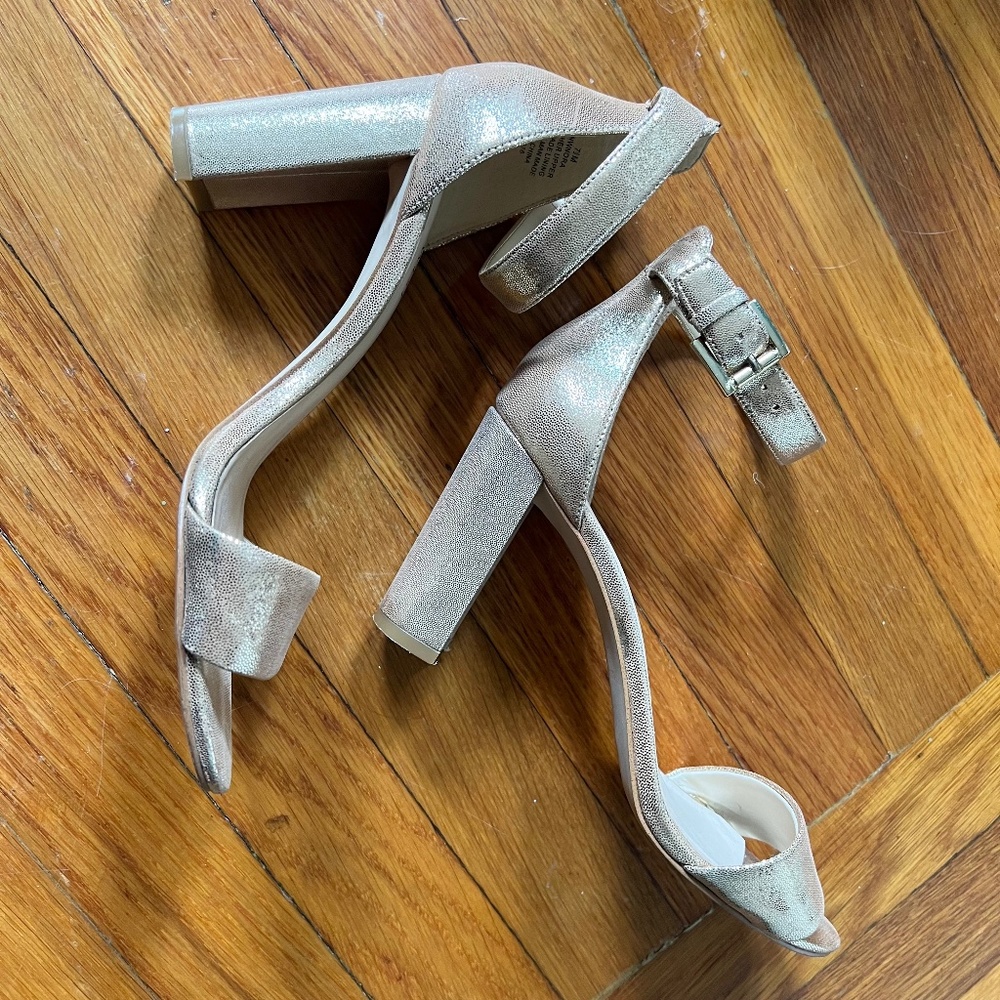 NINE WEST Nora Metallic Block Heel Sandals with Ankle Strap, Gold, Size 7.5